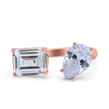 14K Rose Gold Open Teardrop Pear Emerald Cut Wedding Bridal Simulated Cubic Zirconia Cocktail Ring Size-7